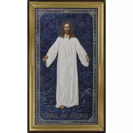 Вышитая икона "Спас на водах" в раме и киоте