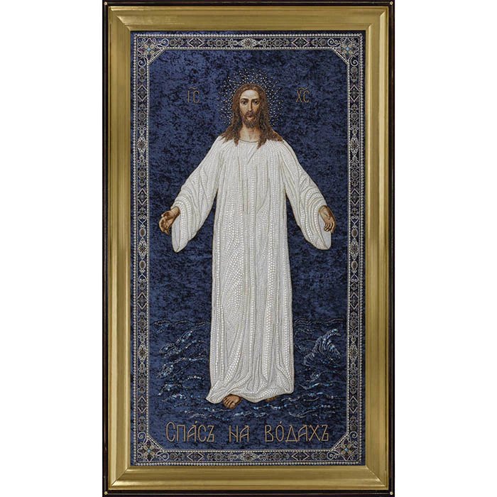 Embroidered icon of the Savior on the Waters in a frame and a kiosk