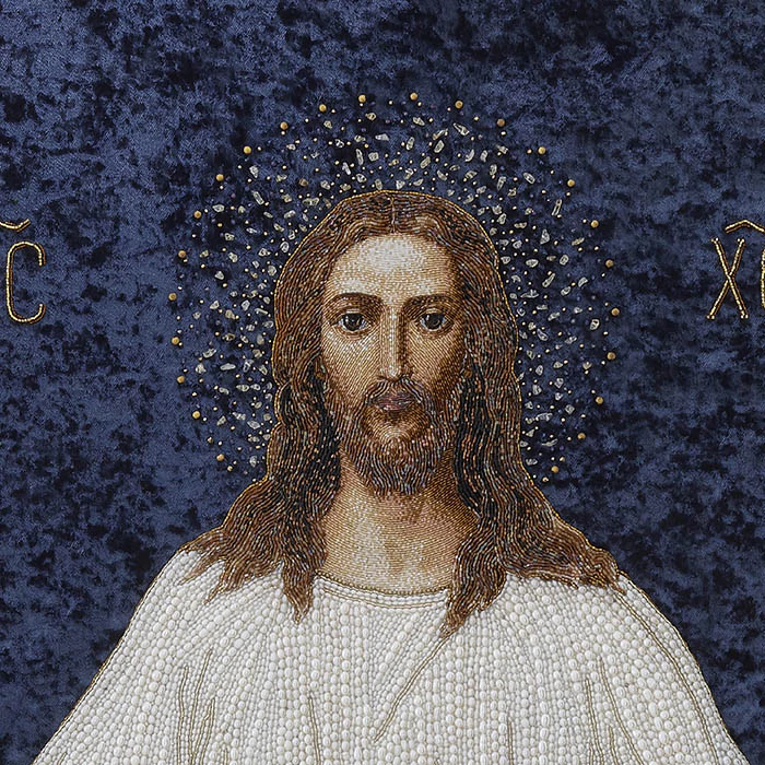 Embroidered icon of the Savior on the Waters in a frame and a kiosk
