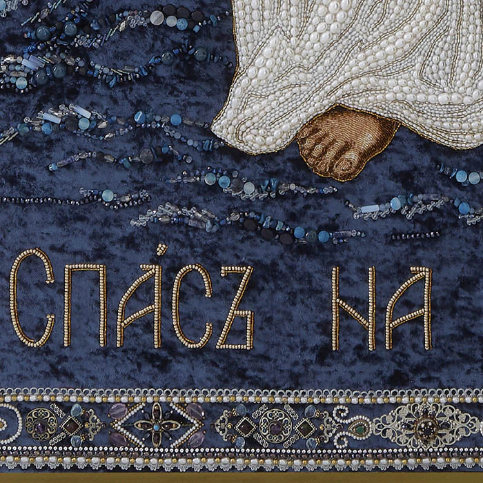 Embroidered icon of the Savior on the Waters in a frame and a kiosk