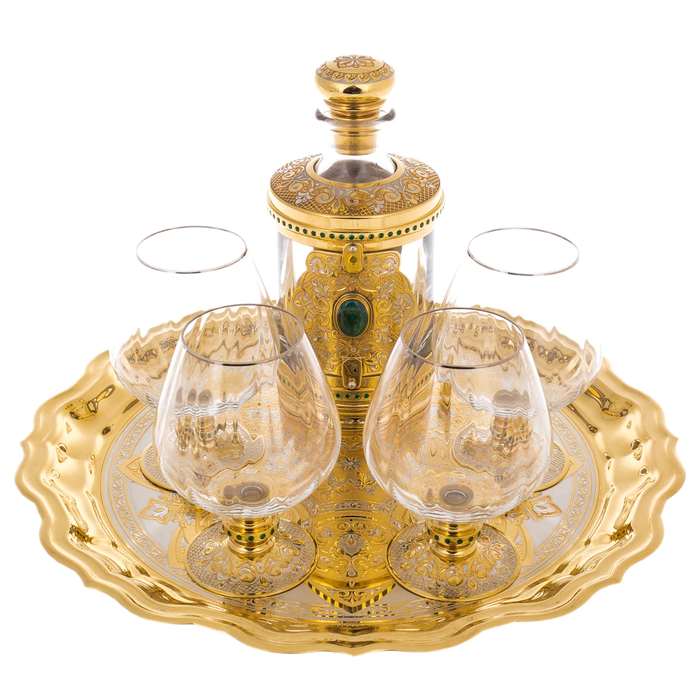 Cognac set for 4 persons with a damask on a platter, Zlatoust, malachite