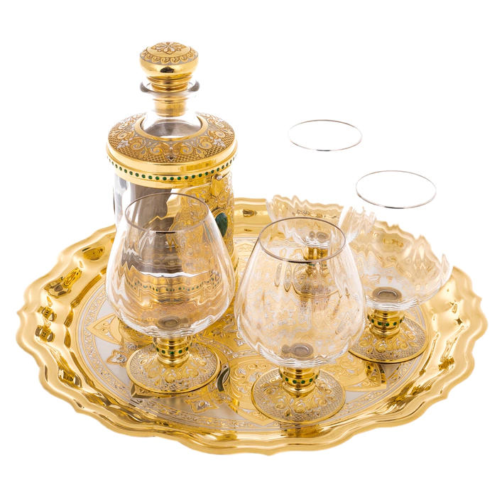 Cognac set for 4 persons with a damask on a platter, Zlatoust, malachite