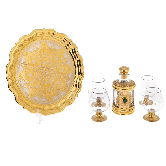 Cognac set for 4 persons with a damask on a platter, Zlatoust, malachite