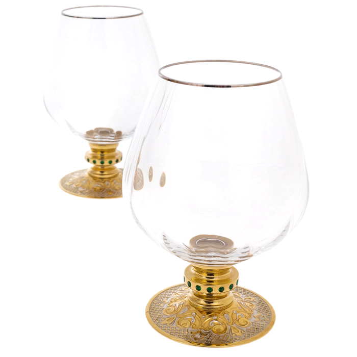 Cognac set for 4 persons with a damask on a platter, Zlatoust, malachite