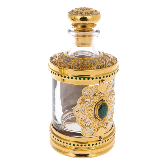 Cognac set for 4 persons with a damask on a platter, Zlatoust, malachite