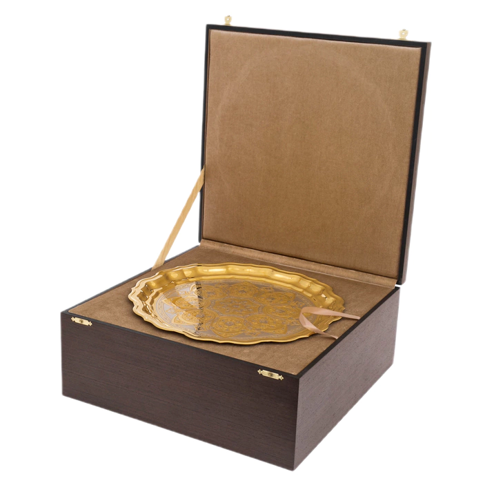 Cognac set for 4 persons with a damask on a platter, Zlatoust, malachite