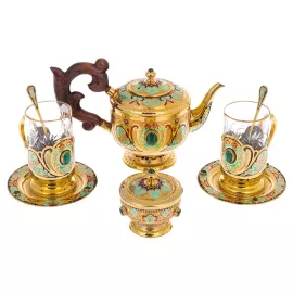 Tea set "Tsarevich" for 2 persons, with malachite, Zlatoust