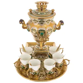 Чайный набор с малахитом "Самоварный домик" на 6 персон, Златоуст Чайный набор с малахитом "Самоварный домик" на 6 персон, Златоуст