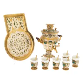 Чайный набор с малахитом "Самоварный домик" на 6 персон, Златоуст Чайный набор с малахитом "Самоварный домик" на 6 персон, Златоуст