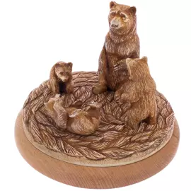 Композиция из рога лося "Медведица с медвежатами" на подставке