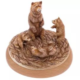 Композиция из рога лося "Медведица с медвежатами" на подставке