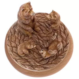 Композиция из рога лося "Медведица с медвежатами" на подставке