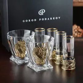Набор для крепких напитков: 4 стопки патрон "Дракон", 2 бокала для виски "Квадро - Дракон" в черной упаковке