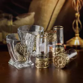 Набор для крепких напитков: 4 стопки патрон "Дракон", 2 бокала для виски "Квадро - Дракон" в черной упаковке