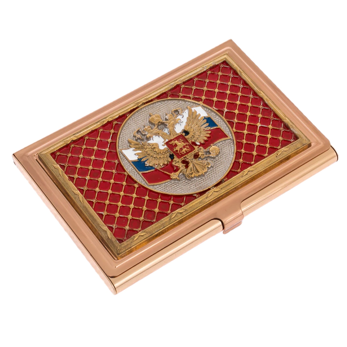 Coat of Arms of the Russian Federation business card holder with red enamel, Zlatoust