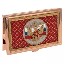Coat of Arms of the Russian Federation business card holder with red enamel, Zlatoust