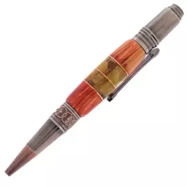 Ballpoint pen made of Karelian birch and amber "Flower" in a case made of tinted Karelian birch