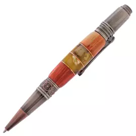 Ballpoint pen made of Karelian birch and amber "Flower" in a case made of tinted Karelian birch