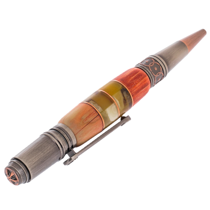 Ballpoint pen made of Karelian birch and amber "Flower" in a case made of tinted Karelian birch