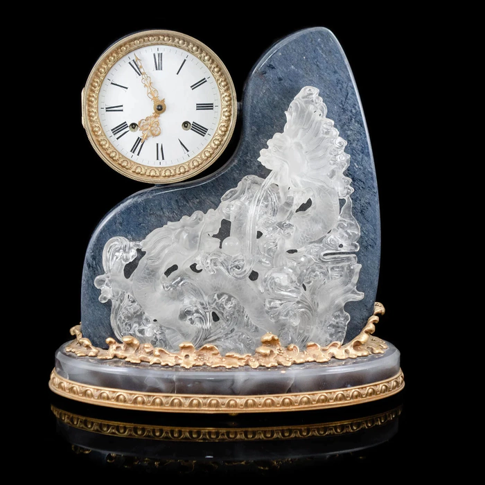 Interior clock made of brass, agate and quartz "Two dragons" with gold plating
