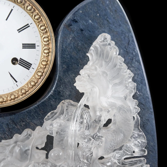 Interior clock made of brass, agate and quartz "Two dragons" with gold plating