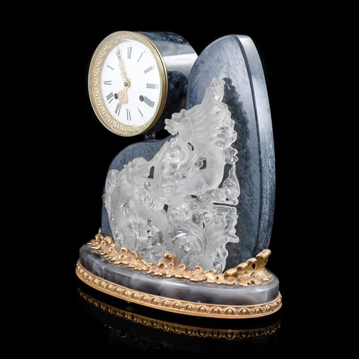 Interior clock made of brass, agate and quartz "Two dragons" with gold plating