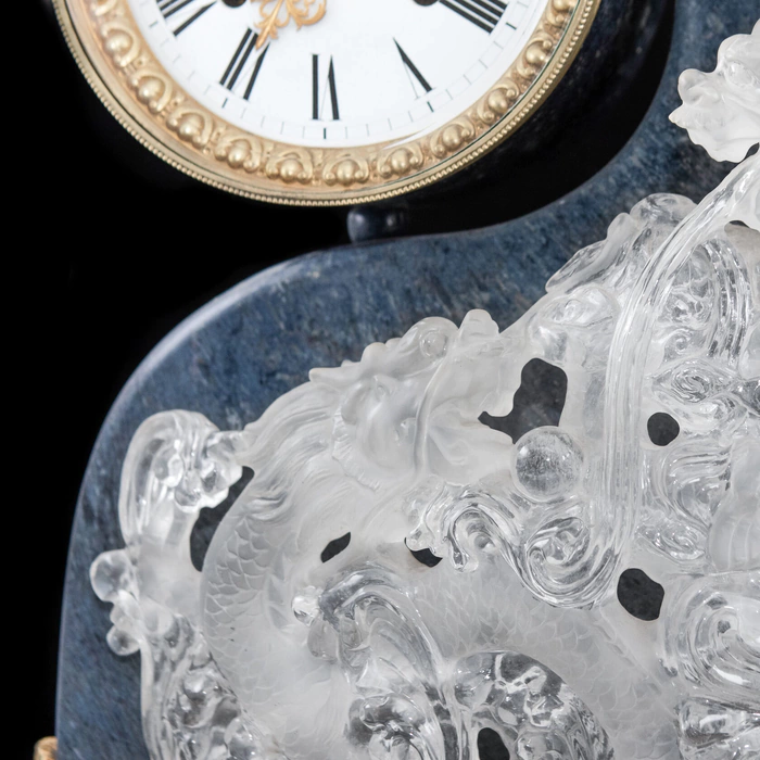 Interior clock made of brass, agate and quartz "Two dragons" with gold plating