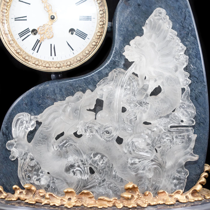 Interior clock made of brass, agate and quartz "Two dragons" with gold plating