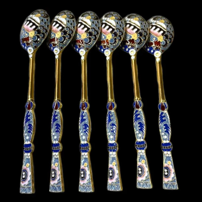 Set of silver spoons for 6 people, with enamel and gilding