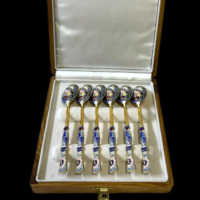 Set of silver spoons for 6 people, with enamel and gilding