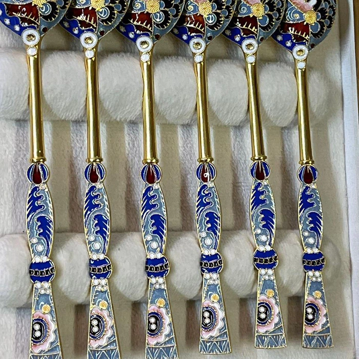 Set of silver spoons for 6 people, with enamel and gilding