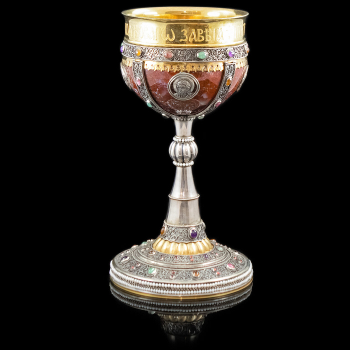 A unique bowl made of silver, gemstones and pearls