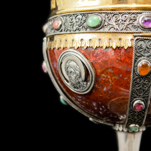 A unique bowl made of silver, gemstones and pearls