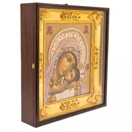 Икона Божией Матери "Касперовская" с вышитым драгоценным окладом, в старинном киоте