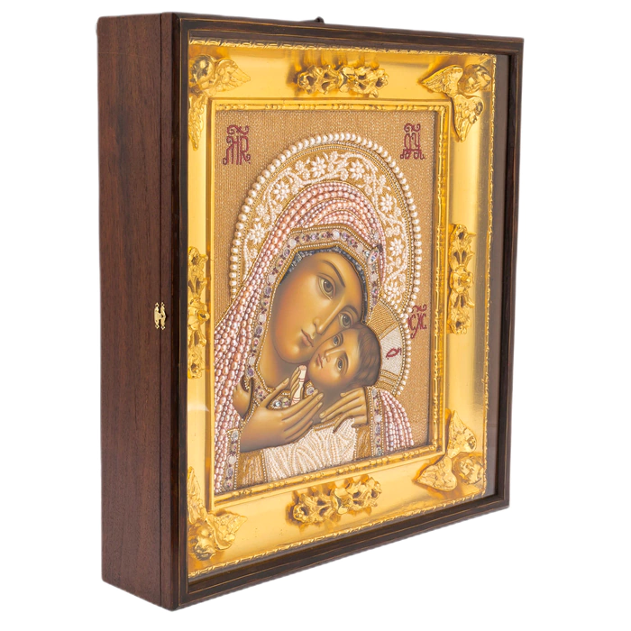 Embroidered icon of the "Mother of God of Igor" in a kiosk