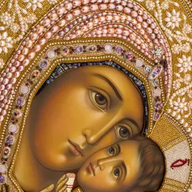 Икона Божией Матери "Касперовская" с вышитым драгоценным окладом, в старинном киоте