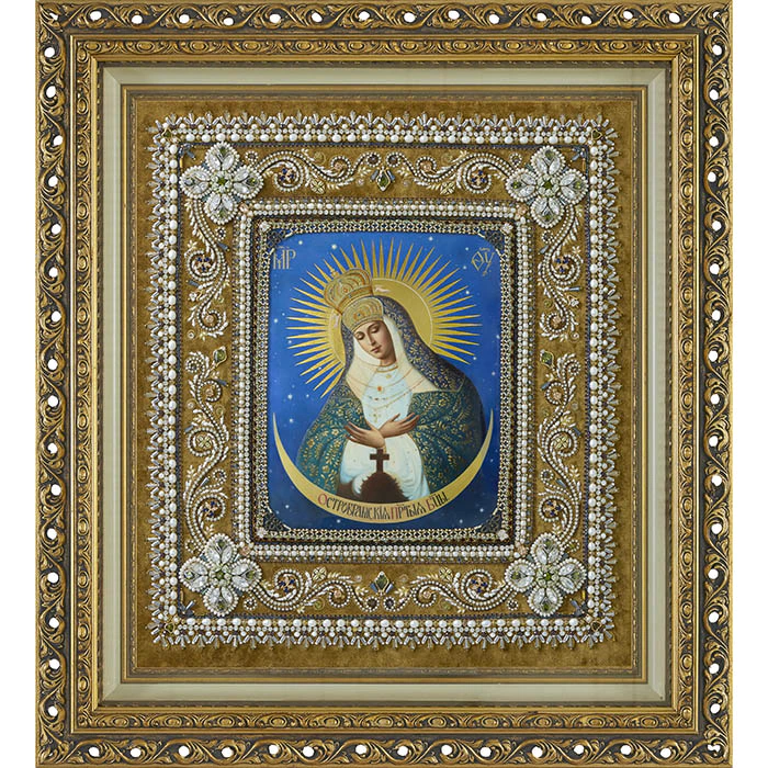 The embroidered icon "Our Lady of Ostrobram" in a frame