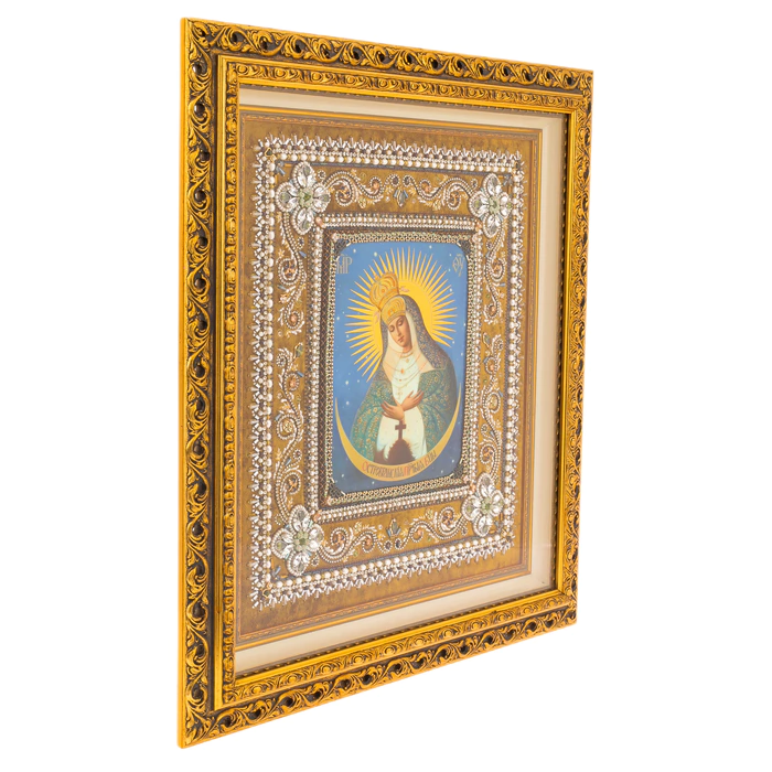 The embroidered icon "Our Lady of Ostrobram" in a frame