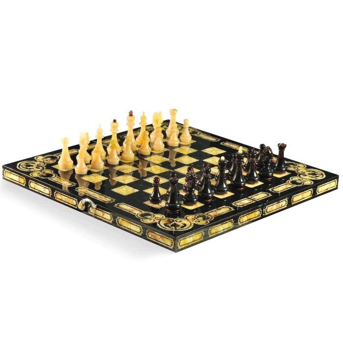 Chess made of amber and stained oak "Arabesque-Marine"