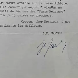 Письмо с автографом философа Жан-Поль Сартра