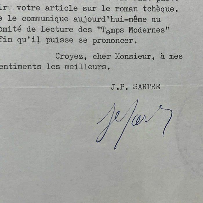 An autographed letter from the philosopher Jean-Paul Sartre