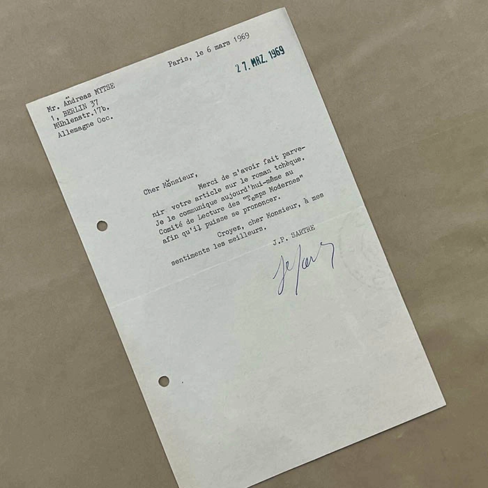 An autographed letter from the philosopher Jean-Paul Sartre