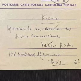 Рукописная почтовая открытка с автографом писателя Ромена Роллана