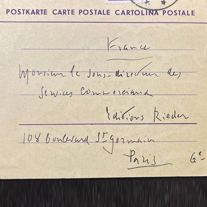 Handwritten postcard autographed by writer Romain Rolland