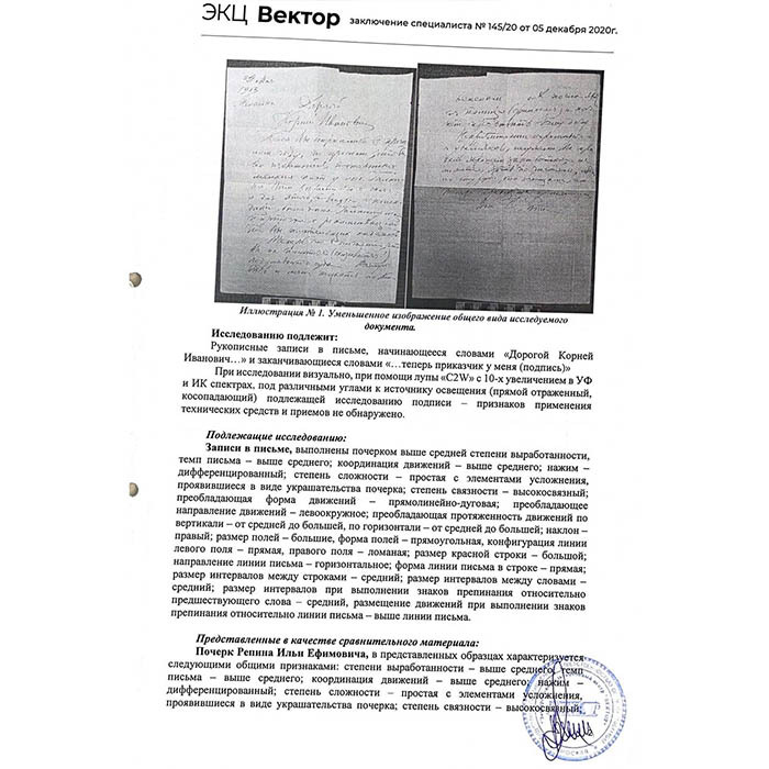 Собственноручное письмо художника Ильи Репина к Корнею Чуковскому