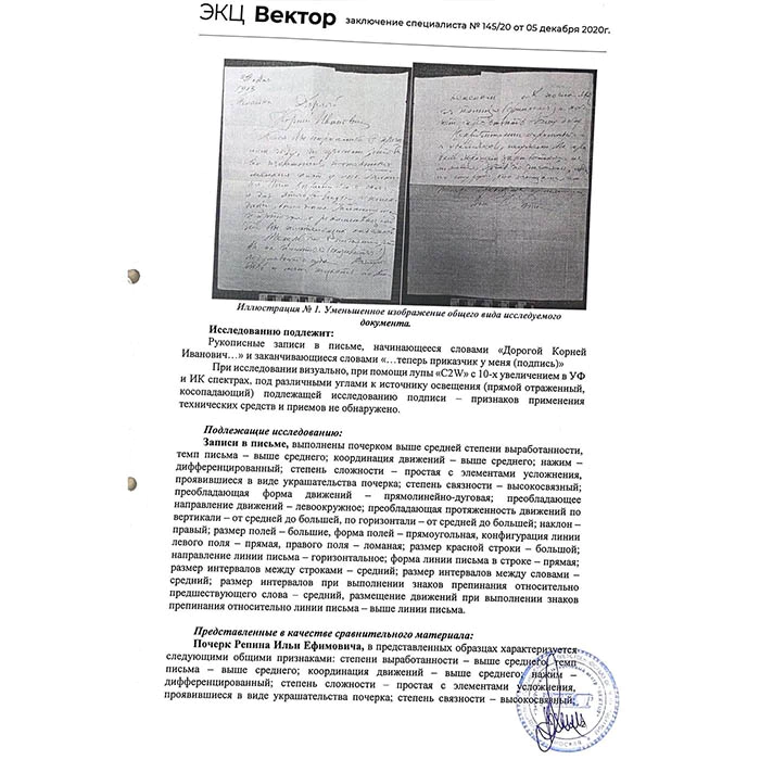 A handwritten letter from the artist Ilya Repin to Korney Chukovsky
