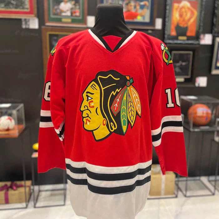 Chicago Blackhawks hockey jersey with handwritten wish and autograph by Bobby Hull