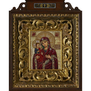Embroidered icon of Our Lady of the Three Hands in antique frame and case
