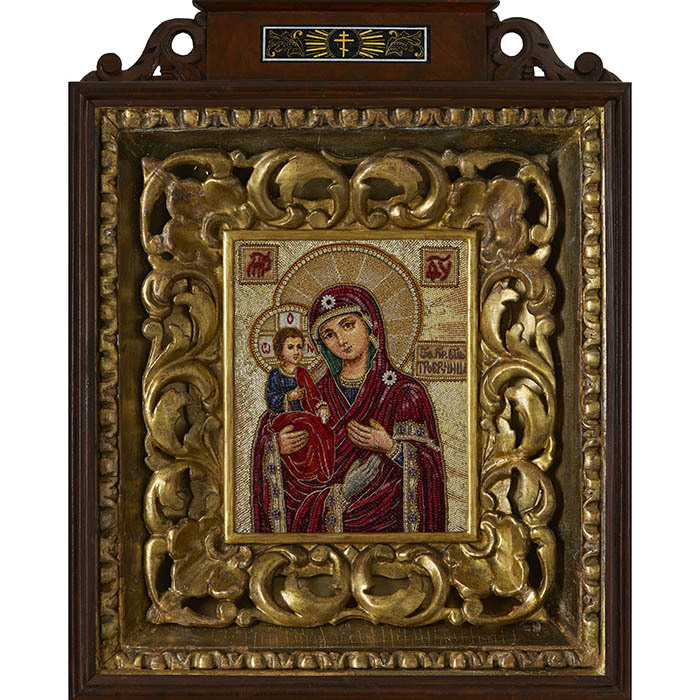 Embroidered icon of Our Lady of the Three Hands in antique frame and case
