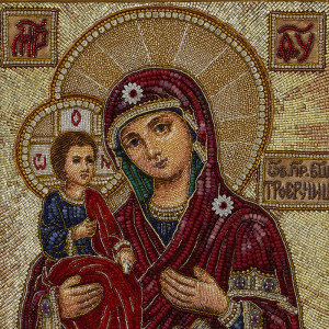 Embroidered icon of Our Lady of the Three Hands in antique frame and case